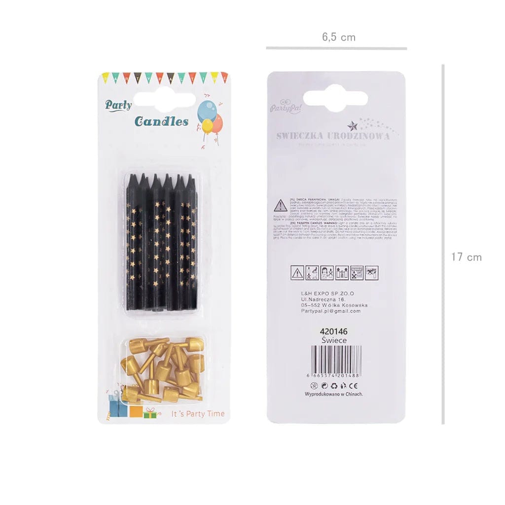 Godan Kita Juodos gimtadienio žvakės su auksinėmis žvaigždutėmis, 12 vnt.