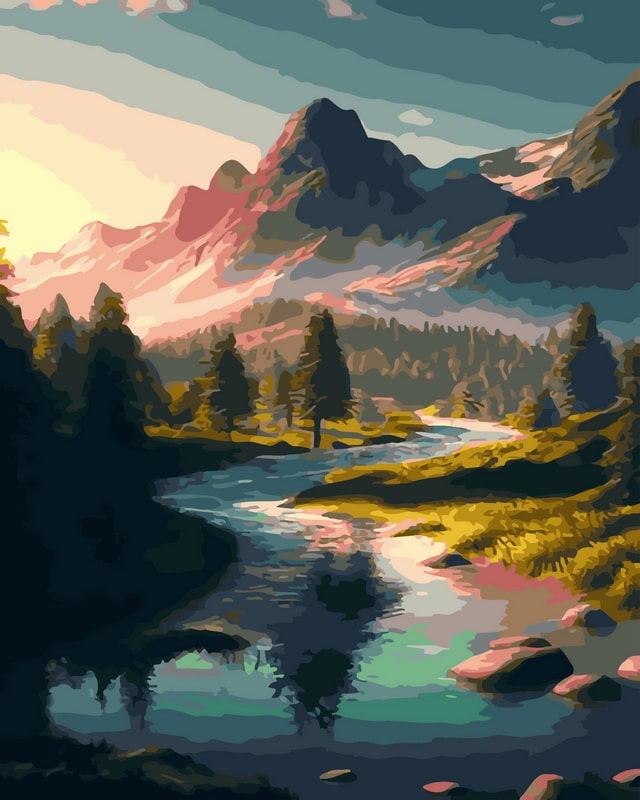 Kalnų upė saulėlydžio metu, 40x50 cm