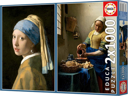 Educa Universalios dėlionės Girl with Pearl Earring + The Milkmaid, Johannes Vermeer, 2 x 1000