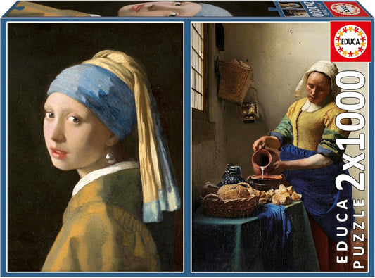 Educa Universalios dėlionės Girl with Pearl Earring + The Milkmaid, Johannes Vermeer, 2 x 1000