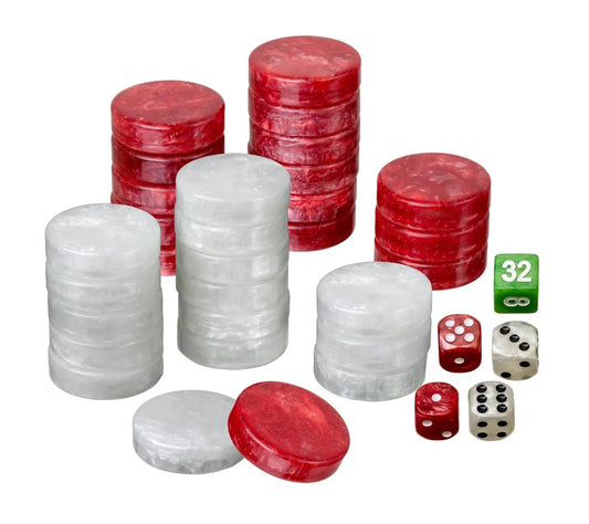 Nardų žetonai „medium“ – 28 × 8 mm, plastikiniai, raudoni–balti-Klasikiniai žaidimai-Brain Games LT