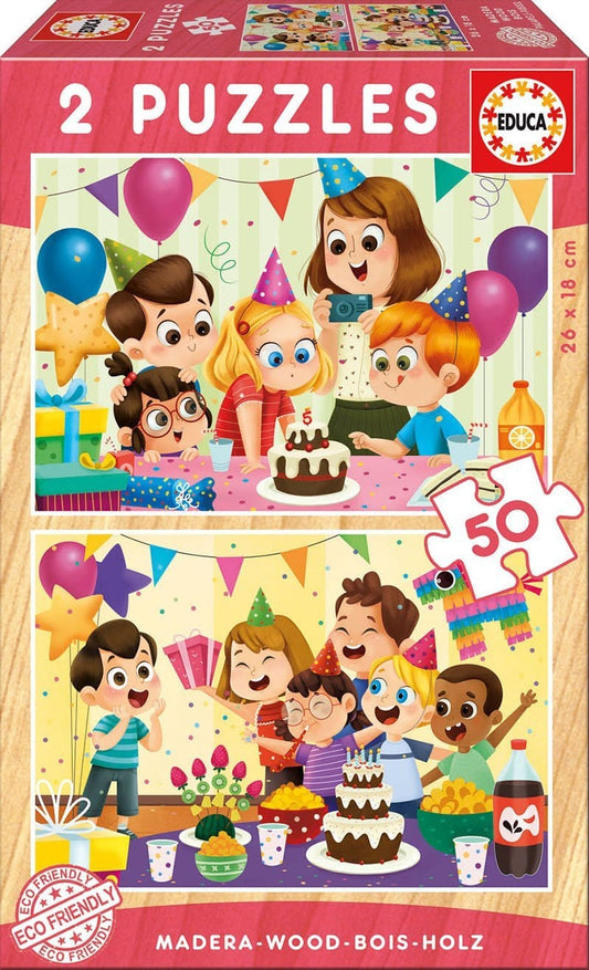 Educa Vaikiškos dėlionės WOODEN PUZZLES 2X50 BIRTHDAY PARTY