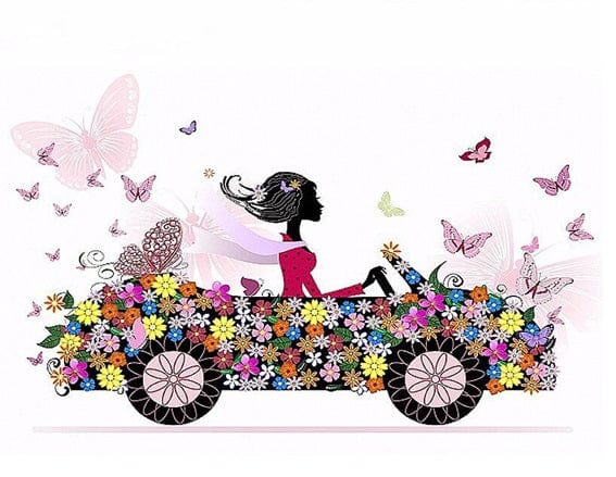 Medasle Rankdarbiai Deimantinė mozaika „Mergina romantiškame gėlių automobilyje“